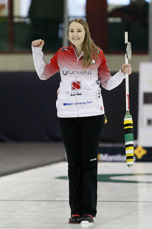 JOHN WOODS / WINNIPEG FREE PRESS
Shae Bevan reacts reacts to her winning shot as she defeats Meghan Walter in the Manitoba Provincial Junior Curlng Championship Final in Altona Sunday, Dec 31, 2017.
