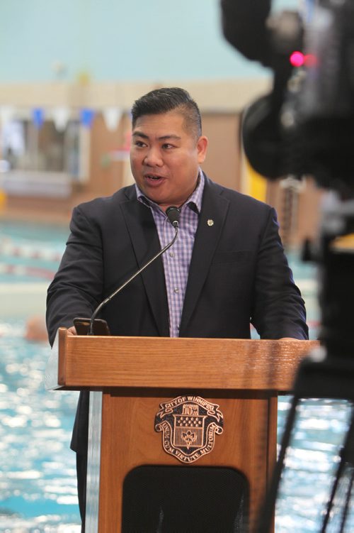 RUTH BONNEVILLE / WINNIPEG FREE PRESS

City of Winnipeg holds presser on their new pilot program to provide school-aged children basic swim and water safety skills at  presser held next to pool at Cindy Klassen Recreation Complex Wednesday.  

City Councillor Mike Pagtakhan, speaks at podium at news conference.  


Jan 03, 2018
