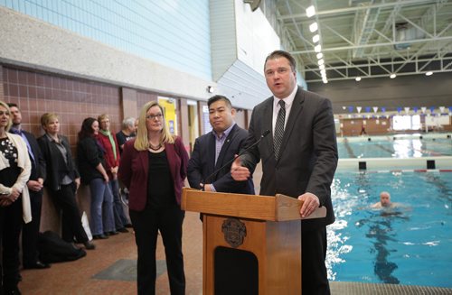 RUTH BONNEVILLE / WINNIPEG FREE PRESS

City of Winnipeg holds presser on their new pilot program to provide school-aged children basic swim and water safety skills at  presser held next to pool at Cindy Klassen Recreation Complex Wednesday.  

Mark Wasyliw, Trustee, Winnipeg School Division Board of Trustees, speaks at news conference along with City Councillor Mike Pagtakhan and Jennifer Sarna, Manager of Aquatic Services 


Jan 03, 2018
