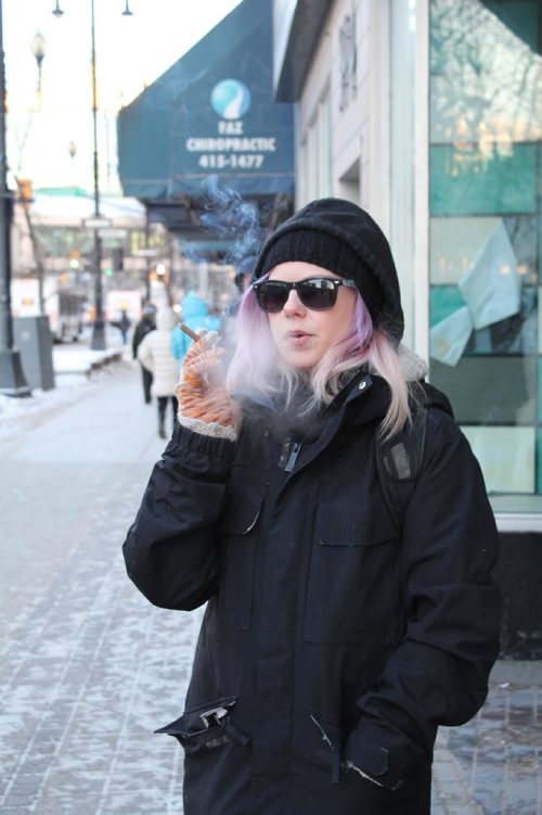 MAGGIE MACINTOSH / WINNIPEG FREE PRESS
Emily Kroeker has been smoking for six years. She says a patio smoking ban is discriminating against smokers. January 4, 2018.