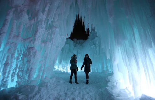 JASON HALSTEAD / WINNIPEG FREE PRESS

L-R: Marilyne Lamontagne and Nastassja Young check out ice caves during a preview event at the Ice Castles attraction at Parks Canada Place at The Forks on Jan. 4, 2018. Ice Castles will open to the public on Jan. 5, 2018. (See Carol Sanders story)