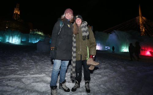 JASON HALSTEAD / WINNIPEG FREE PRESS

L-R: Clare Martens and Heather Lawrence check out a preview event at the Ice Castles attraction at Parks Canada Place at The Forks on Jan. 4, 2018. Ice Castles will open to the public on Jan. 5, 2018. (See Carol Sanders story)