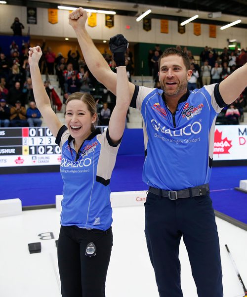 JOHN WOODS / WINNIPEG FREE PRESS
Kaitlyn Lawes and John Morris celebrate defeating Brad Gushue and Val Sweeting in the Mixed Doubles Curling Trials in Portage La Prairie Sunday, January 7, 2018. Lawes and Morris will represent Canada at the 2018 Winter Olympics in Korea.