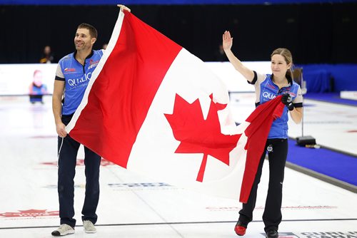 JOHN WOODS / WINNIPEG FREE PRESS
Kaitlyn Lawes and John Morris celebrate defeating Brad Gushue and Val Sweeting in the Mixed Doubles Curling Trials in Portage La Prairie Sunday, January 7, 2018. Lawes and Morris will represent Canada at the 2018 Winter Olympics in Korea.