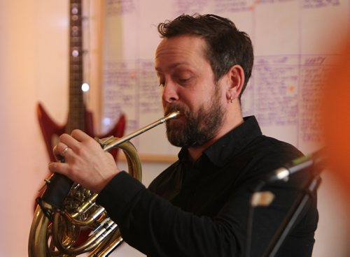 RUTH BONNEVILLE / WINNIPEG FREE PRESS

Rehearsal photos of Matt Peters (Royal Canoe) and Tom Keenan and their band as they practice their Heavy Bells project for their upcoming show at WECC. 
Todd Martin - French Horn, vocals. 
Jan 06, 2018

