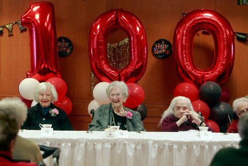 BORIS MINKEVICH / WINNIPEG FREE PRESS
The Saul and Claribel Simkin Centre had its annual Centenarian Celebration for all those who are joining the centenarian club this afternoon. From left, Evelyn Golden, Rose Hoffer, and Rosa Kessler. They are all 100 or older. Jane Gerster story. January 8, 2018