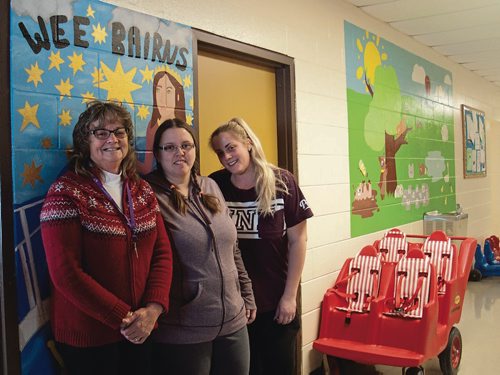 Canstar Community News (From left) Liz Bruce, Jennie Morris, and Kelsey Lavergne provide child care for eight childreen between the ages of 12 weeks and two years old at the Wee Bairns Infant Care centre at Murdoch MacKay Collegiate. (SHELDON BIRNIE/CANSTAR/THE HERALD)