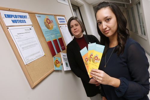 JOHN WOODS / WINNIPEG FREE PRESS
Tracey Loewen (L), General Manager of Prairie Theatre Exchange (PTE) and Jenna Khan, Director of Publicity are photographed with employee support material at the theatre Monday, January 8, 2018. The Royal Manitoba Theatre Centre and PTE have signed on to a national campaign, Not in Our Space, launched by the Canadian Actors Equity Association to prevent harassment and protect actors in theatre spaces.