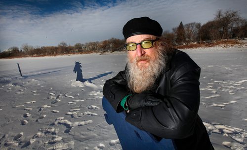 PHIL HOSSACK / Winnipeg Free Press -  Jordan Van Sewel poses on the Red River with a set of horse head silouettes he's installed on the ice. See Doug Spiers story.  - January 9, 2018