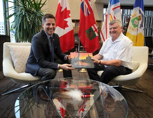 RUTH BONNEVILLE / WINNIPEG FREE PRESS

Come From Away - mayor/mayor

Mayor Claude Elliot who was Mayor of Gander, Nfld in 911,  meets  Winnipeg Mayor, Brian Bowman in his office at City Hall Tuesday.  
Mayor Elliot is in Winnipeg to see the sold out show Come From Away at MTC tonight.  

Jan 09, 2018

