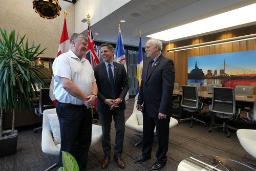 RUTH BONNEVILLE / WINNIPEG FREE PRESS

Come From Away - mayor/mayor

Mayor Claude Elliot who was Mayor of Gander, Nfld in 911,  meets  Winnipeg Mayor, Brian Bowman in his office at City Hall Tuesday along with Steven Schipper (left),  Artistic Director of MTC.  
Mayor Elliot is in Winnipeg to see the sold out show Come From Away at MTC tonight.  

Jan 09, 2018
