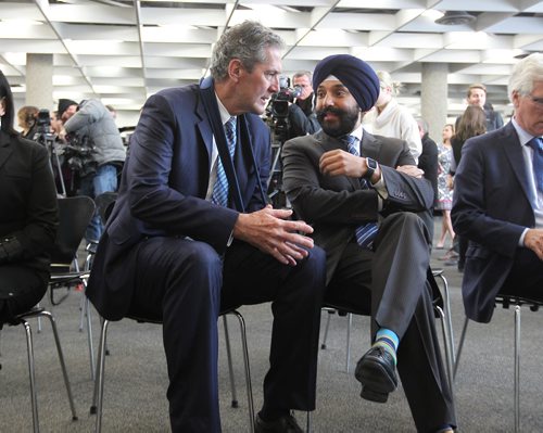 RUTH BONNEVILLE / WINNIPEG FREE PRESS

Brian Pallister, Premier of Manitoba and  Navdeep Bains, Minister of Innovation, Science and Economic Development and Minister  chat together ust prior to news conference announcing funding by the governments for high-speed Internet infrastructure in the north, at press conference at the Millennium Library Tuesday morning. 


Jan 09, 2018
