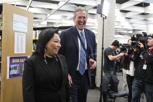 RUTH BONNEVILLE / WINNIPEG FREE PRESS

MKO Grand Chief Sheila North and Brian Pallister, Premier of Manitoba share some laughs just prior to news conference announcing funding by the governments for high-speed Internet infrastructure in the north at the Millennium Library Tuesday morning. 


Jan 09, 2018



