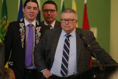 BORIS MINKEVICH / WINNIPEG FREE PRESS
The Honourable Ralph Goodale, Minister of Public Safety and Emergency Preparedness, makes an announcement related to policing in Indigenous communities at The Rotunda Room, Neeginan Centre, 181 Higgins Avenue in Winnipeg. Behind him is from left, Robert-Falcon Ouellette, MP for Winnipeg Centre, and Don Rusnak, MP for Thunder BayRainy River. Alexandra Paul story. January 10, 2018