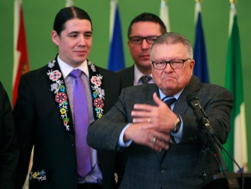 BORIS MINKEVICH / WINNIPEG FREE PRESS
The Honourable Ralph Goodale, Minister of Public Safety and Emergency Preparedness, makes an announcement related to policing in Indigenous communities at The Rotunda Room, Neeginan Centre, 181 Higgins Avenue in Winnipeg. Behind him is from left, Robert-Falcon Ouellette, MP for Winnipeg Centre, and Don Rusnak, MP for Thunder BayRainy River. Alexandra Paul story. January 10, 2018