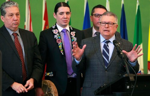 BORIS MINKEVICH / WINNIPEG FREE PRESS
The Honourable Ralph Goodale, Minister of Public Safety and Emergency Preparedness, makes an announcement related to policing in Indigenous communities at The Rotunda Room, Neeginan Centre, 181 Higgins Avenue in Winnipeg. Behind him is from left, Dan Vandal, MP for Saint Boniface-Saint Vital,  Robert-Falcon Ouellette, MP for Winnipeg Centre, and Don Rusnak, MP for Thunder BayRainy River. Alexandra Paul story. January 10, 2018