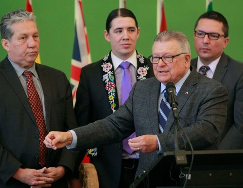 BORIS MINKEVICH / WINNIPEG FREE PRESS
The Honourable Ralph Goodale, Minister of Public Safety and Emergency Preparedness, makes an announcement related to policing in Indigenous communities at The Rotunda Room, Neeginan Centre, 181 Higgins Avenue in Winnipeg. Behind him is from left, Dan Vandal, MP for Saint Boniface-Saint Vital,  Robert-Falcon Ouellette, MP for Winnipeg Centre, and Don Rusnak, MP for Thunder BayRainy River. Alexandra Paul story. January 10, 2018