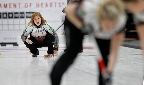 PHIL HOSSACK / Winnipeg Free Press - SCOTTIES - Skip Barb Spencer calls in the sweepers after her shot Wednesday afternoon. January 10, 2018