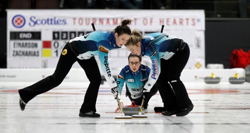 PHIL HOSSACK / Winnipeg Free Press - SCOTTIES - Team Einarson's third Selena Kaatz delivers between sweepers Liz Fyfe (left) and Kristin MacCuish Wednesday.  January 10, 2018