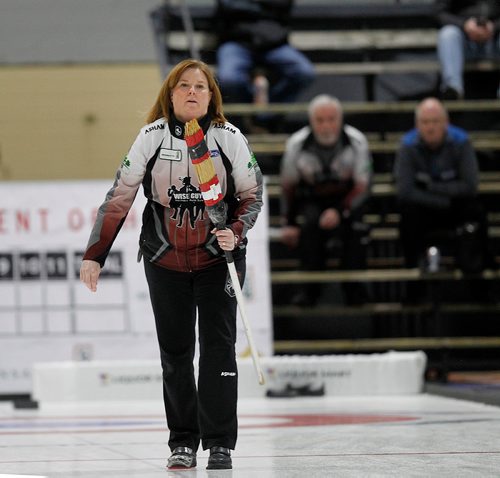 PHIL HOSSACK / Winnipeg Free Press - SCOTTIES - Skip Barb Spencer reviews the lay after her shot Wednesday afternoon. January 10, 2018