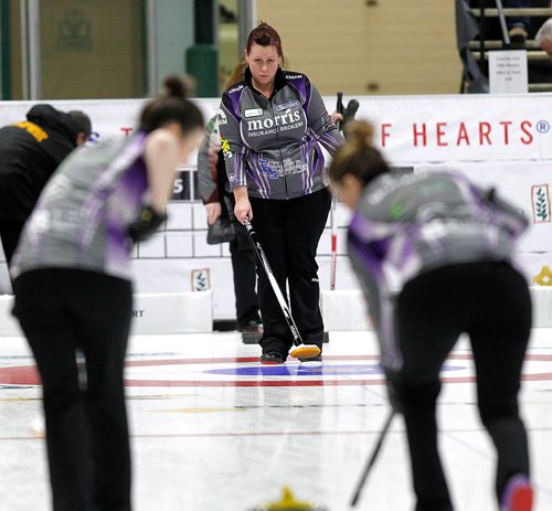 PHIL HOSSACK / Winnipeg Free Press - SCOTTIES - Skip Cheryl Reed calls in the sweepers after her shot Wednesday afternoon. January 10, 2018