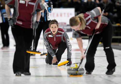 PHIL HOSSACK / Winnipeg Free Press - SCOTTIES - Team Calvert third Laryssa Steventon keeps the rock honest in Killarney Wednesday. January 10, 2018