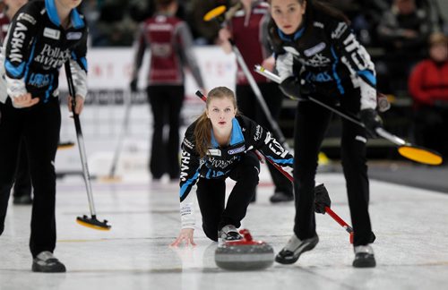 PHIL HOSSACK / Winnipeg Free Press - SCOTTIES - Team Watling thirdChristine MacKay keeps the rock honest in Killarney Wednesday. January 10, 2018