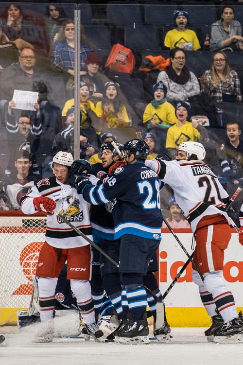 DAVID LIPNOWSKI / WINNIPEG FREE PRESS

Manitoba Moose and Grand Rapids Griffins fight during second period action at Bell MTS Place Wednesday January 10, 2018.
