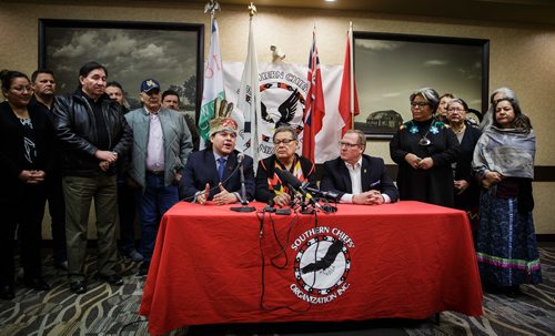 MIKE DEAL / WINNIPEG FREE PRESS
(from left) Grand Chief Jerry Daniels of the Southern Chiefs' Organization, Chief Jim Bear of the Brokenhead Ojibway Nation, and MLA Scott Fielding Minister of Families surrounded by chiefs on the left and grandmothers on the right at a press conference regarding a special summit that the Southern Chiefs Organization held regarding Child and Family Services.
180111 - Thursday, January 11, 2018.