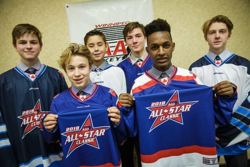 MIKE DEAL / WINNIPEG FREE PRESS
Players from Winnipeg AAA hockey teams gathered to show off the special jerseys the all star teams will be wearing during the upcoming AAA All Star Day on Saturday, January 13, 2018.
(from left) Jack Kaiser, Hughie Hooker, Daimon Gardner, Conner Roulette, Demolish McKay, and Brayden Foreman.
180111 - Thursday, January 11, 2018.
