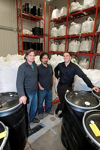 BORIS MINKEVICH / WINNIPEG FREE PRESS  081112 Martin Moravcik, Alex Chwaiewsky, and Mike Fata pose for a photo in the new expanded plant that makes hemp products. Manitoba Harvest Hemp Foods &amp; Oils.