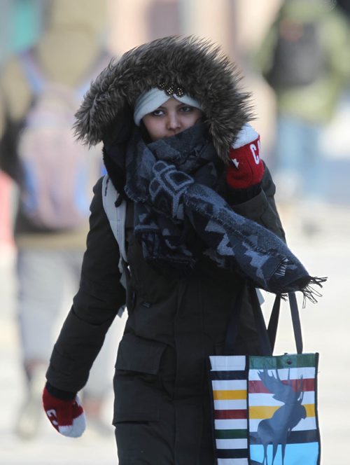 RUTH BONNEVILLE / WINNIPEG FREE PRESS

People cope with extremely cold wind chills on Portage Ave in downtown Winnipeg Monday. 
Weather story.  
Jan 15, 2018
