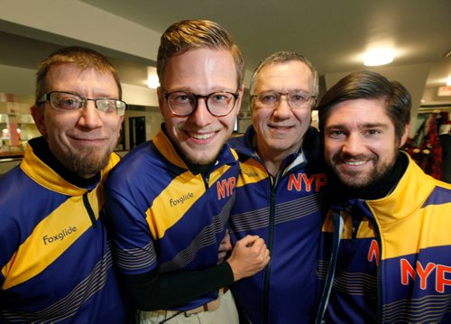 PHIL HOSSACK / Winnipeg Free Press -Left to right, Andrew Grant, Thomas Levi Kooi, Pete Willms and Scott Moon pose at the Charleswood Curling Club Thursday before hitting the ice in the Manitoba Open Bonspiel.  See Mike Sawatzky story re: Reg Wiebe. January 18, 2018