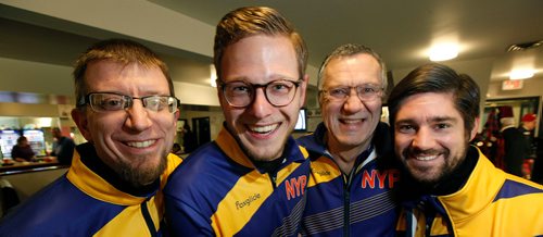 PHIL HOSSACK / Winnipeg Free Press -Left to right, Andrew Grant, Thomas Levi Kooi, Pete Willms and Scott Moon pose at the Charleswood Curling Club Thursday before hitting the ice in the Manitoba Open Bonspiel.  See Mike Sawatzky story re: Reg Wiebe. January 18, 2018