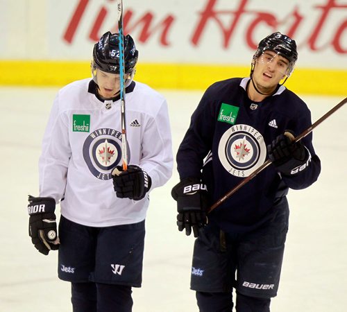 BORIS MINKEVICH / WINNIPEG FREE PRESS
Winnipeg Jets practice at Bell MTS Place. From left, Jet's #52 Jack Roslovic and #13 Brandon Tanev. Mike Sawatzky Story. January 19, 2018