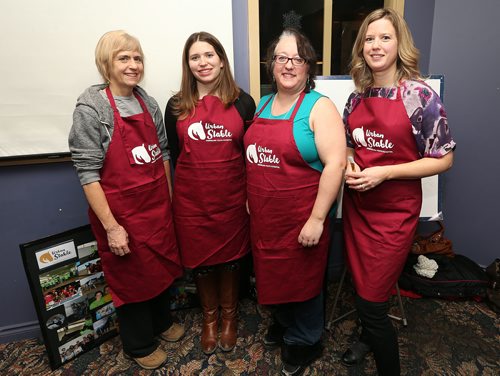 L-R: Event volunteers Heather Shore, Morgan Zaretski, Charlene Janzen and Lana Stevenson at Urban Stable's paint party fundraiser on Jan. 18, 2018 at Triple B's Bar and Billiards on Scurfield Boulevard. (See Social Page)