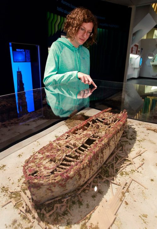 BORIS MINKEVICH / WINNIPEG FREE PRESS
A 1:40 scale model of HMS Erebus Wreck Site on loan form Parks Canada at the Manitoba Museum. In photo Manitoba Museum curator of the HBS Museum Collection Amelia Fay.  Bill Redekop story. January 22, 2018