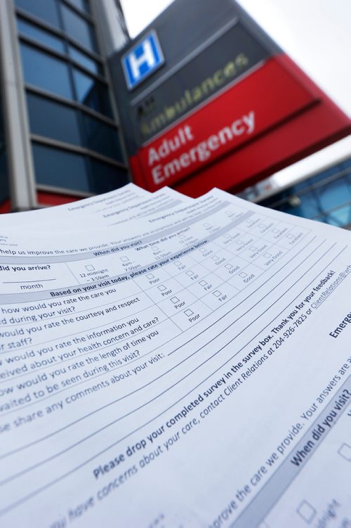 JOHN WOODS / WINNIPEG FREE PRESS
Health Sciences Centre (HSC) survey is photographed outside the emergency ward Monday, January 22, 2018.   HSC and some Winnipeg hospitals are circulating service surveys to their clients