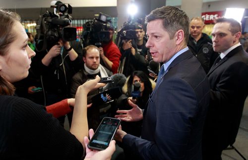 BORIS MINKEVICH / WINNIPEG FREE PRESS
Mayor Bowman announced new funding to support downtown foot patrols, Bear Clan Patrol and Take Pride Winnipeg at Portage Place Mall. Mayor Brian Bowman talks to media after the announcement. January 23, 2018