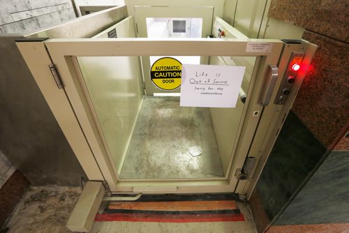 JOHN WOODS / WINNIPEG FREE PRESS
Allen Mankewich is bringing attention to an out of order elevator in in the course under Portage and Main in Winnipeg Tuesday, January 23, 2018. The elevator has been broken for a week and means some people with disabilities can't cross the stairs.