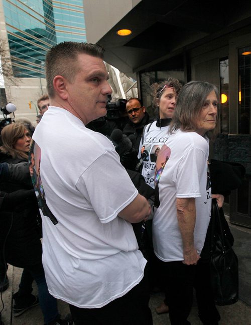 PHIL HOSSACK / WINNIPEG FREE PRESS - Left to right, Cooper Nemeth's Father Brent, mother Gaylene and Grandmother Janet Rathwell show the strain as they exit the courthouse post sentecing in their son's murder Wednesday. See Katie-May's story.  -  January 24, 2018
