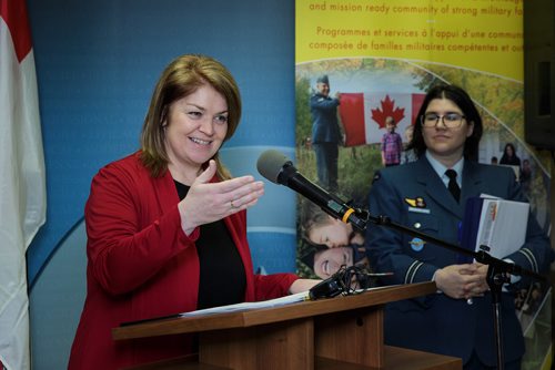 MIKE DEAL / WINNIPEG FREE PRESS
Sherry Romanado, Parliamentary Secretary to the Minister of Veterans Affairs and Associate Minister of National Defence, on behalf of Defence Minister Harjit S. Sajjan, makes an announcement at the Military Family Resource Centre at 17 Wing in Winnipeg Wednesday morning.
180124 - Wednesday, January 24, 2018.