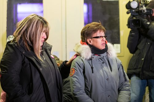 Daniel Crump / Winnipeg Free Press. Bernadette Smith and Brenda Osborne address attendees of the vigil for Claudette Osborne-Tyo. January 24, 2018.