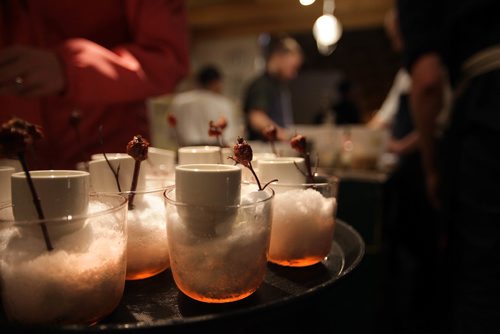 RUTH BONNEVILLE / WINNIPEG FREE PRESS
ENTERTAINMENT FEATURE: RAW ALMOND
(annual pop-up restaurant located on the Red River at the Forks)
Photo of appetizer - winter rose hip, apple brine created by Christie Peters, chef of the hollows restaurant in Saskatoon.
Subject: Jen and Erin are trying out RAW: Almond, Winnipeg's hottest culinary event, for a column Jen is writing for Saturday, as well as for an episode of Bury the Lede.
One of a large selection of photos of restaurant. including outside, dining rooms, kitchen, chefs at work and Jen.
See Jen Zoratti's column
Jan 24, 2018