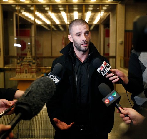 PHIL HOSSACK / Winnipeg Free Press - Darcy Oake speaks with media after a city council vote approving the recovery centre at the Vimy Arena site Thursday.   -  January 25, 2018
