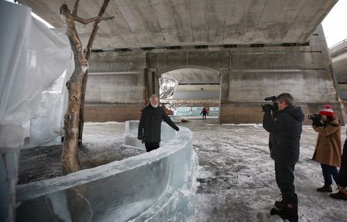 MIKE DEAL / WINNIPEG FREE PRESS
Local filmmaker Guy Maddin at the warming hut he designed, which is still under construction, located on the Red River underneath the Queen Elizabeth Way bridge. 
180126 - Friday, January 26, 2018