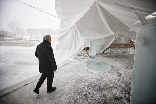 MIKE DEAL / WINNIPEG FREE PRESS
Local filmmaker Guy Maddin at the warming hut he designed, which is still under construction, located on the Red River underneath the Queen Elizabeth Way bridge. 
180126 - Friday, January 26, 2018