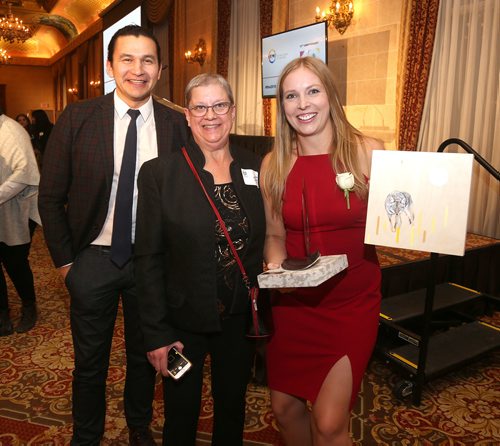 JASON HALSTEAD / WINNIPEG FREE PRESS

L-R: Leader of the Opposition Wab Kinew, award nominator Laura Mikusa and award winner Tessa Blaikie Whitecloud (26-32 year-old category) at the 10th annual Future Leaders of Manitoba Awards on Jan. 25, 2018, at the Fort Garry Hotel. (See Social Page)