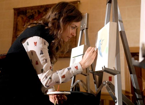 JASON HALSTEAD / WINNIPEG FREE PRESS

Artist Gabrielle Funk of the Graffiti Gallery works on paintings for award winners at the 10th annual Future Leaders of Manitoba Awards on Jan. 25, 2018, at the Fort Garry Hotel. (See Social Page)