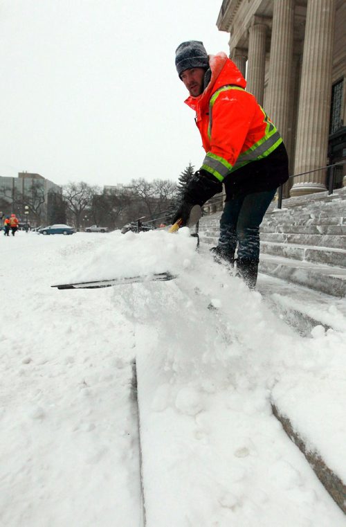 BORIS MINKEVICH / WINNIPEG FREE PRESS
Provincial govt gardener/grounds keeper Bryan Haswell shovels the snow off the steps of the Manitoba Legislature this morning. STANDUP PHOTO January 30, 2018